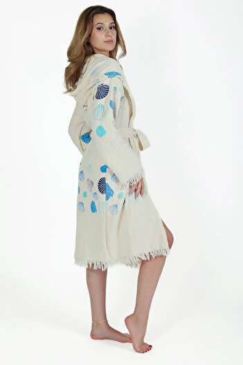 REİNA TEKS 1 Piece Muslin Cotton Beach Sea Shell Patterned Unisex Kimono Kaftan
