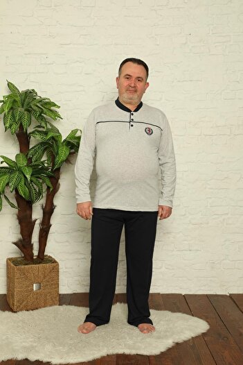 Akasya King Size men's Single Jersey Pajama Set - Long Sleeve, Pocket anD Collar Button 01741