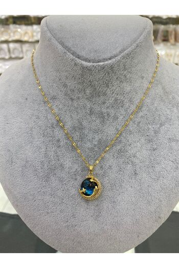 buybox STAINLESS STEEL GOLD SILVER ZIRCON STONE BLUE HILAL WORLD SPACE PLANET NECKLACE