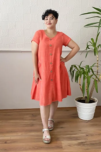 Zer Otantik Coral Plus Size Dress - Button Detailed Washed