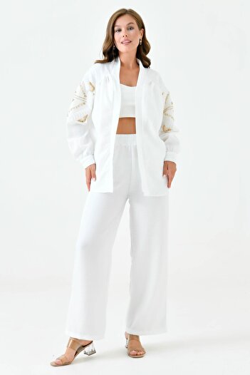 lovebox High Waist Embroidered and Sequin Detailed Long Sleeve Trousers Set - Pocket, Wide Leg 164