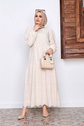 She Olive Guipure Hijab Dress - Stone