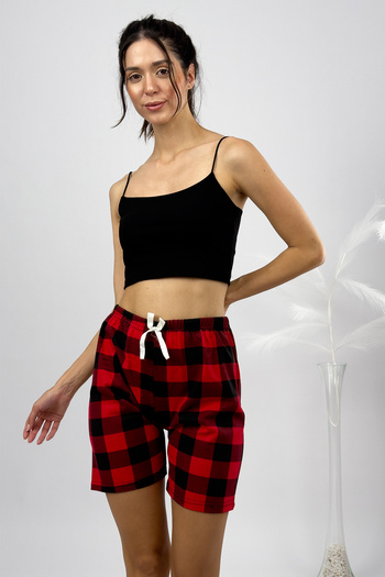 Betimoda High Waist Red Shorts Pajamas - 100% Cotton, Four Seasons, Square Window Design
