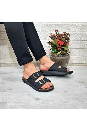 ENES Ανδρικές παντόφλες casual - Μαύρες, ρυθμιζόμενη διπλή πόρπη, gel