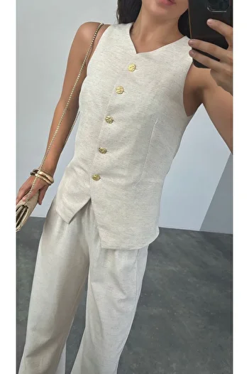 Laluvia Beige Gold Vest - Buttoned Design