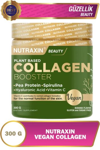Nutraxin Vegan Collagen Booster 300 Gr - Pea Protein Spirulina Vitamin C and Hyaluronic Acid Gluten Free