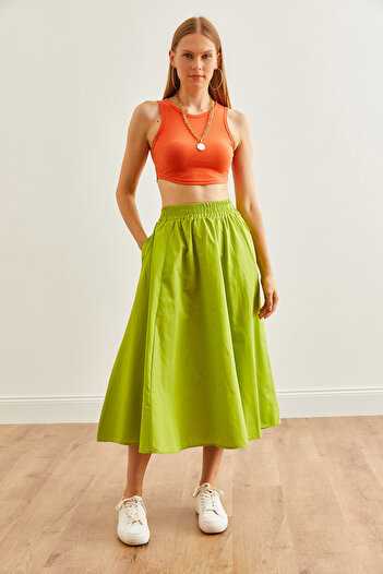 Olalook Pistachio Green Midi Bell Skirt - Pocket and Waist Elastic ETK- 19000271