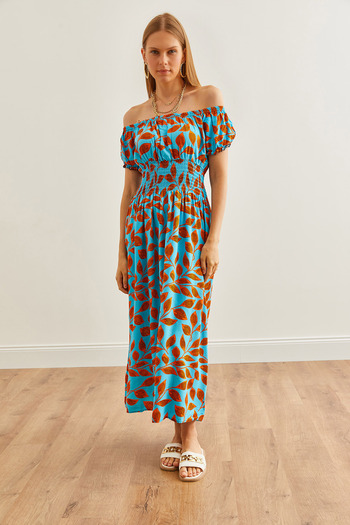 Olalook Rochie midi din viscoză cu guler Madonna Leaf Blue - Talie cu talie ELB- 19002240