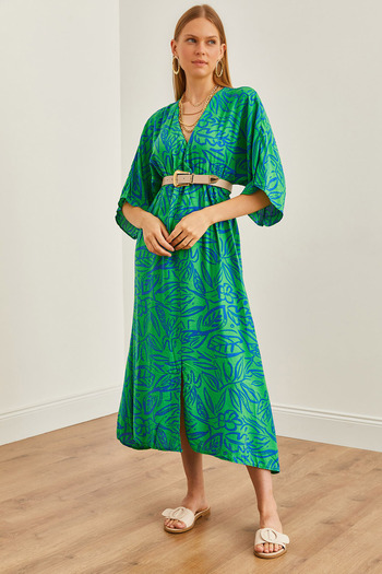 Olalook Green Blue Double Breasted Collar - Elastic Waist Slit Women's Dress ELB- 19002241