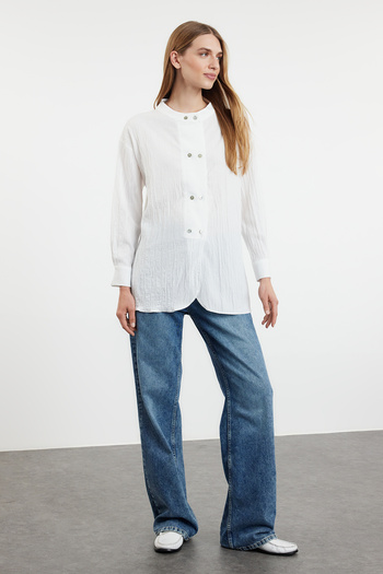 Trendyol Modest Plain Woven Shirt Ecru Linen Look - TCTSS24TG00073