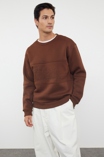 Trendyol Collection Φούτερ με φλις κεντημένο oversize - Καφέ TMNAW25SW00086