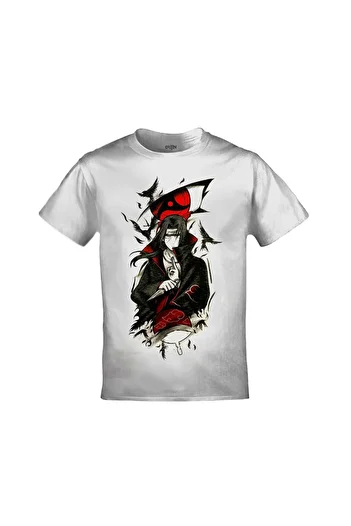 Orijin Tekstil Λευκό μπλουζάκι Naruto Akatsuki Itachi Uchiha Crows Printed Unisex