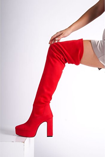 Ayakkabı Ateşi Cizme de dama cu platforma din piele intoarsa rosie Pantofi cu toc inalt Valencia