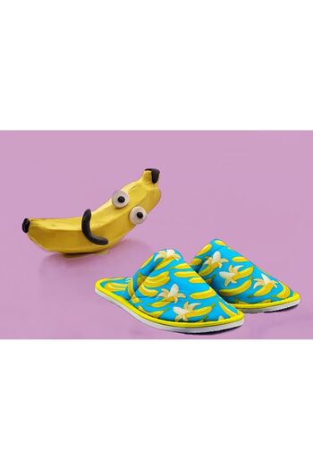 Chochili Papuci de casă cu talpă moale, unisex, cu model banană albastră