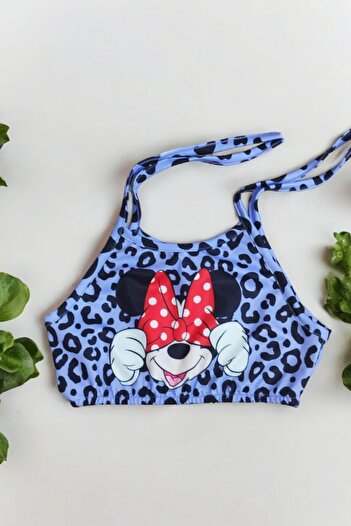 uz shop Lila Kız Çocuk Leopar Desenli Minnie Mouse Karakter Baskılı Bikini Kız Çocuk Plaj Çantalı Bikini