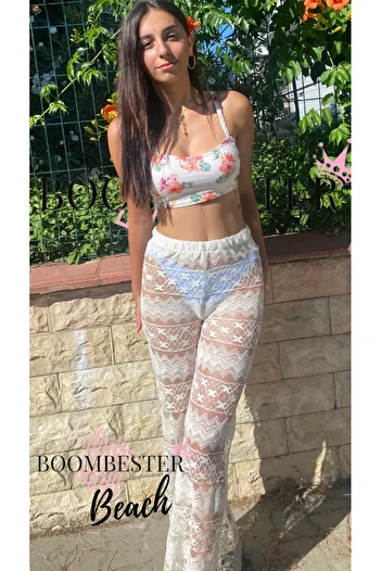 BoomBester White Lace Floral Transparent Women's Beach Pants