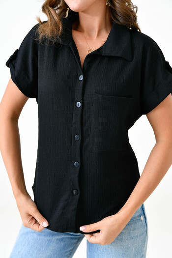 lovebox Women's Seersucker Short Sleeve Black Shirt with Pocket Detail 9628
