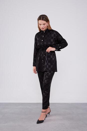 Levidor Jacquard Checkerboard Patterned Black Double Set