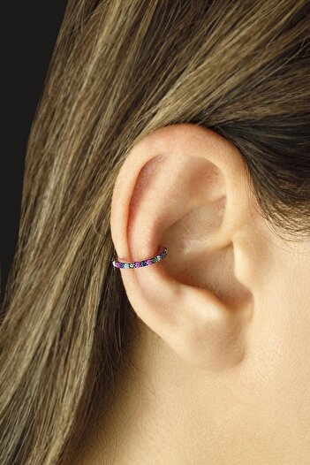 BY BARUN SİLVER Kıkırdak Earcuff Kıkrdak Küpe Renkli Safir Zümrüt Yakut Zirkon Taşlı 925 Ayar Pembe Sıkıştırmalı
