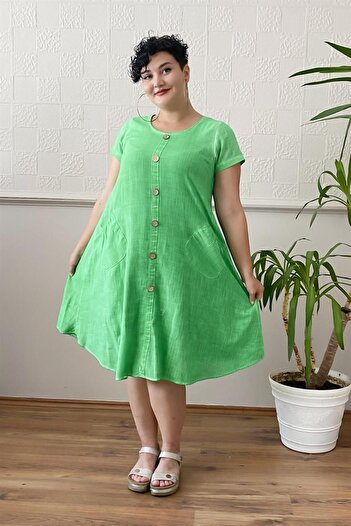 Zer Otantik Λεπτομέρεια με κουμπί Πλυμένο Φόρεμα Plus Size Πράσινο