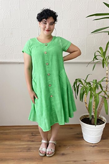 Zer Otantik Λεπτομέρεια με κουμπί Πλυμένο Φόρεμα Plus Size Πράσινο