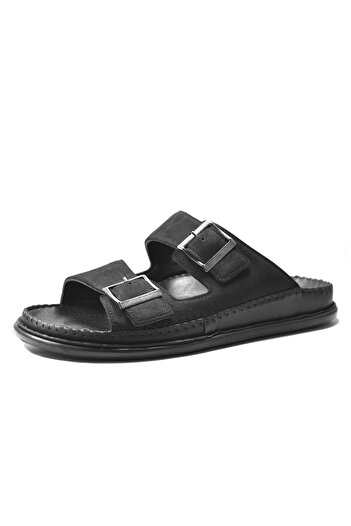 Onlo Ayakkabı Black Genuine Leather - Orthopedic Buckle BT.144 Daily Slippers