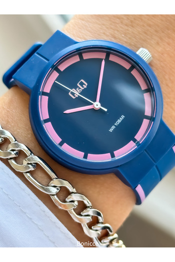 Q&Q Navy Blue / Pink Silicone Cord (10ATM) Women's Wristwatch Bracelet - Suitable for Pool Sea
