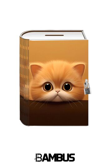 Bambus Home Locked Wooden Printed Decorative Souvenir and Book Piggy Bank Cat