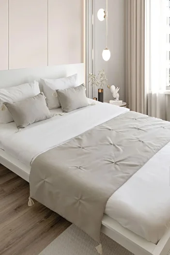 RİTMOHOME Bed Runner & Inner Padded Throw Pillow Set Double Size Linen Tufted Stone Cream Tufted
