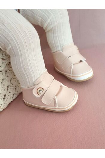 First Step Powder Rainbow Embroidered Velcro Baby Girl Booties-g-2360