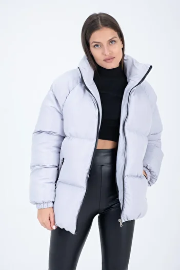 Polo State Women's Reglan Sleeve Stand Collar Age Of State Printed Coat Silver