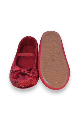 First Step Bordo Parıltılı Kadife Kız Bebek Lastikli İlk Adım Babet-F-541