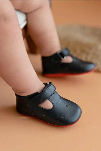 First Step Pantofi negri First Step pentru bebeluși cu velcro cu model stea din piele naturală-d-468