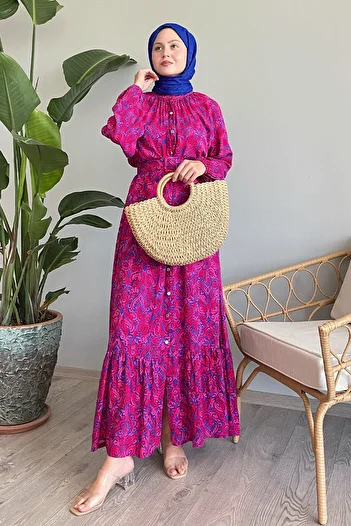 InStyle Φούξια φόρεμα βισκόζης - Ethnic ζώνη και κουμπί