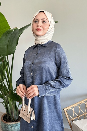 InStyle Navy Blue Glittered Shirt Collar Double Set