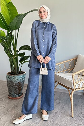 InStyle Navy Blue Glittered Shirt Collar Double Set
