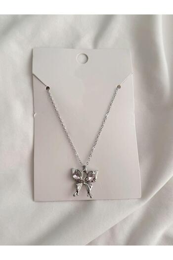 Planet Butik Silver Color Butterfly Imported Necklace with Pink Stones