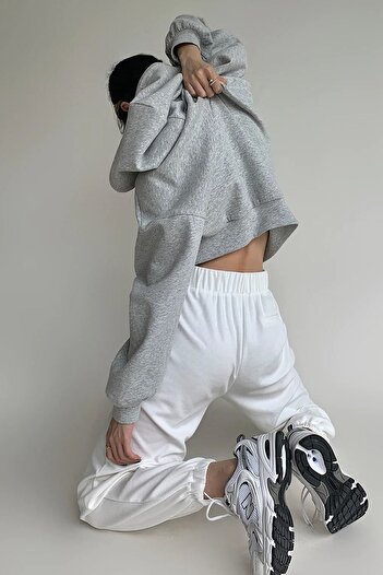 MODAGEN Unisex Gri Minimalist Baskılı Oversize Kapüşonlu Sweatshirt