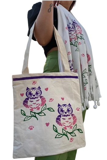 leillART Cotton White Color Owl Patterned Handmade Shawl Scarf