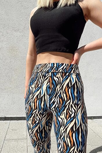 KaSheHa Bej Krep Kumaş Desenli Yüksek Bel Likralı Ispanyol Paça Pantolon 100 Cm