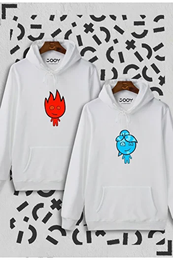 Jooy Company Lover Couple Combination - Fire and Water Design Φούτερ με λευκή κουκούλα Σετ 2 τεμαχίων