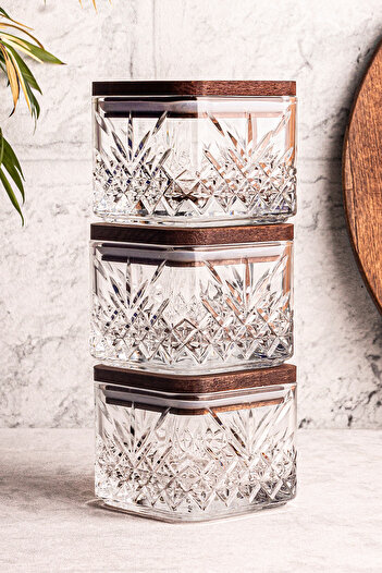 Snippy Milla Square 3-Piece Wooden Vacuumed Glass with Square Lid Breakfast Multi-Purpose Glass Snack Bowl 230 ml