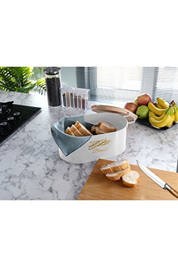 Doğa Dizayn White Metal Bread Bowl - With Wooden Cutting Board
