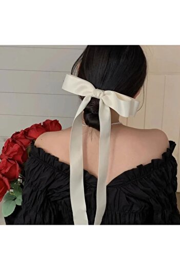 alhifa Ecru Satin Vintage Long Tail Bow Women's Hair Clip