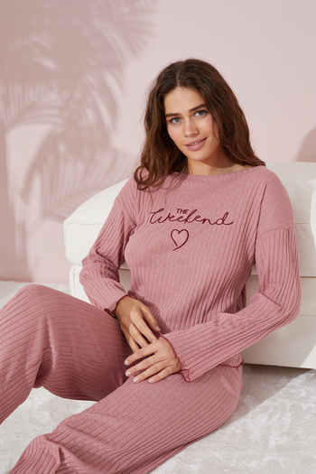 Siyah İnci Thin Cotton Embroidered Powder Pajama Set - Seasonal
