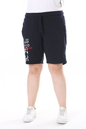 Şans Navy Blue Large Size Shorts - Elastic Waist, Lace-up Print and Pocket Detail 65N38129