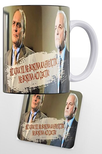 remonz Valley of the Wolves Series Laz Ziya and Hüsrev Ağa Printed Porcelain Mug with Wooden Base Gift