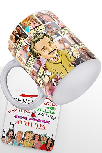 remonz European Side Series Burhan Altıntop Printed White 100% Porcelain Mug and MDF Coaster