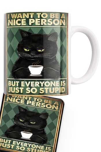 remonz Black Cat Series Double Printed Porcelain Mug with Wooden Coaster Gift