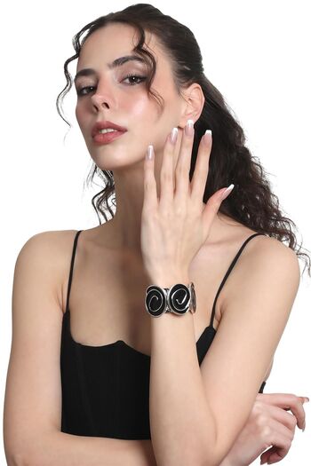 LABALABA Women's Silver Color Lacquer Plated Adjustable Open Band Black Enamel Bracelet